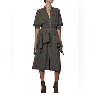 KITX $545 Raw Linen Dress Moss Green Made in Australia Asymmetric Peplum Crushed